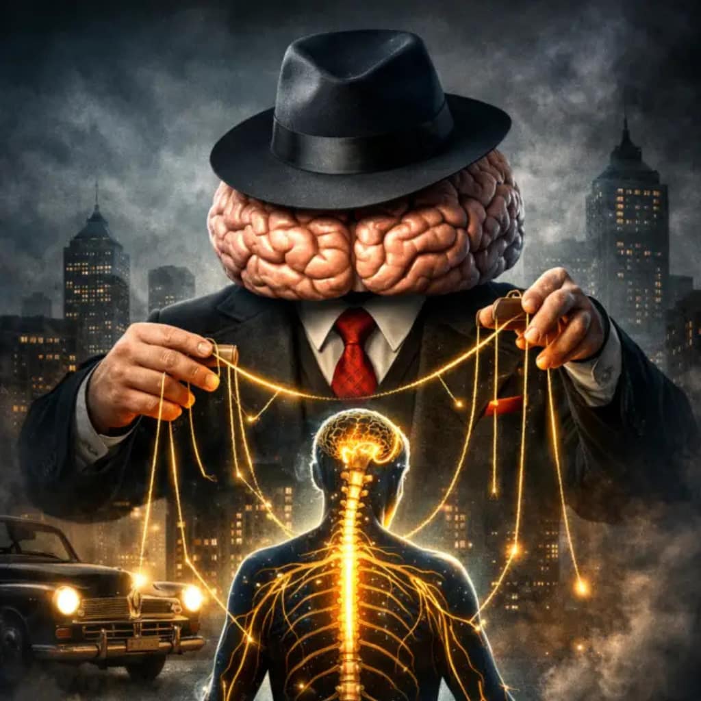 Man with brain for head controls puppet of nervous system with strings.