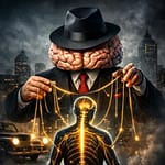Man with brain for head controls puppet of nervous system with strings.